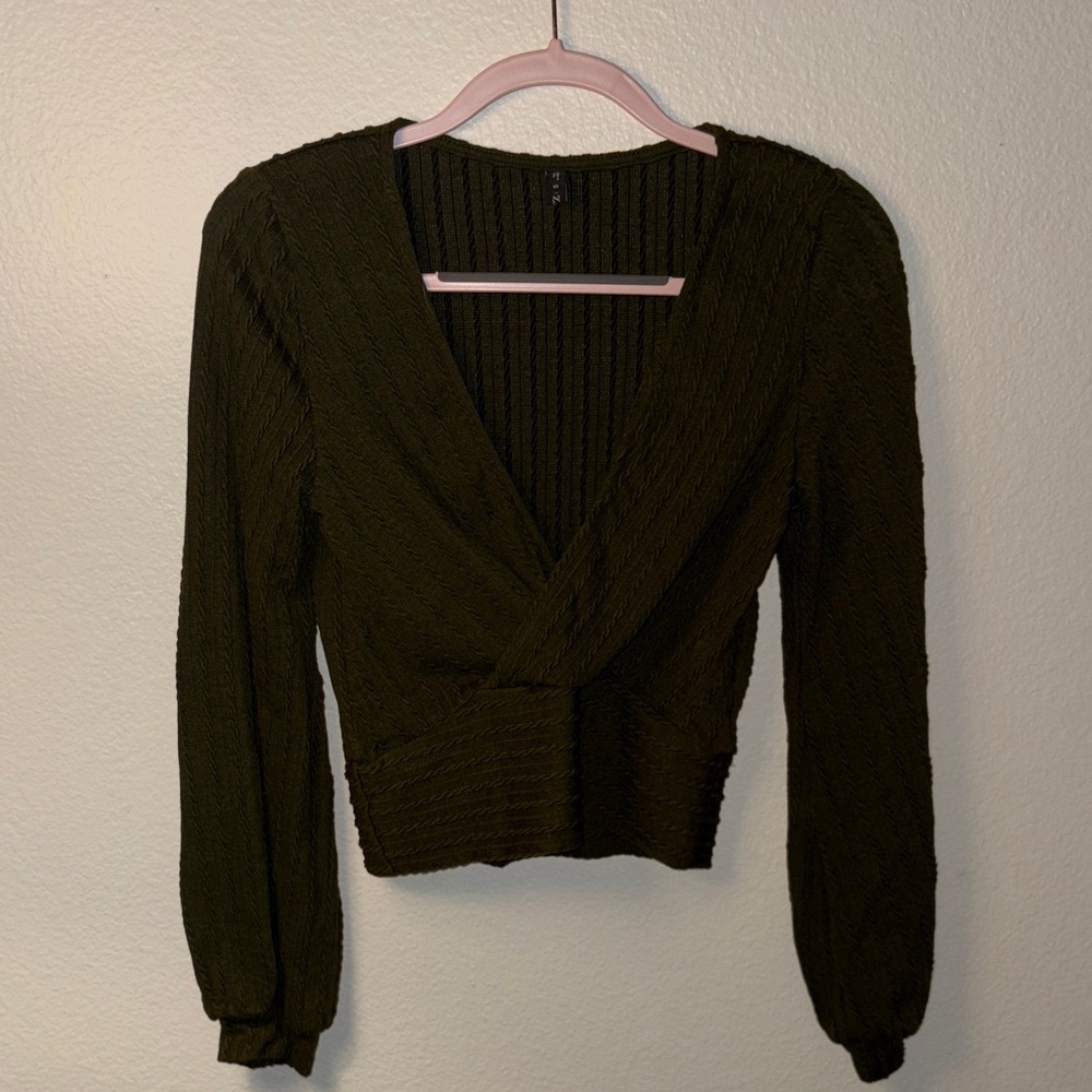 Zaful V-Neck Ribbed Sweater - Olive Green